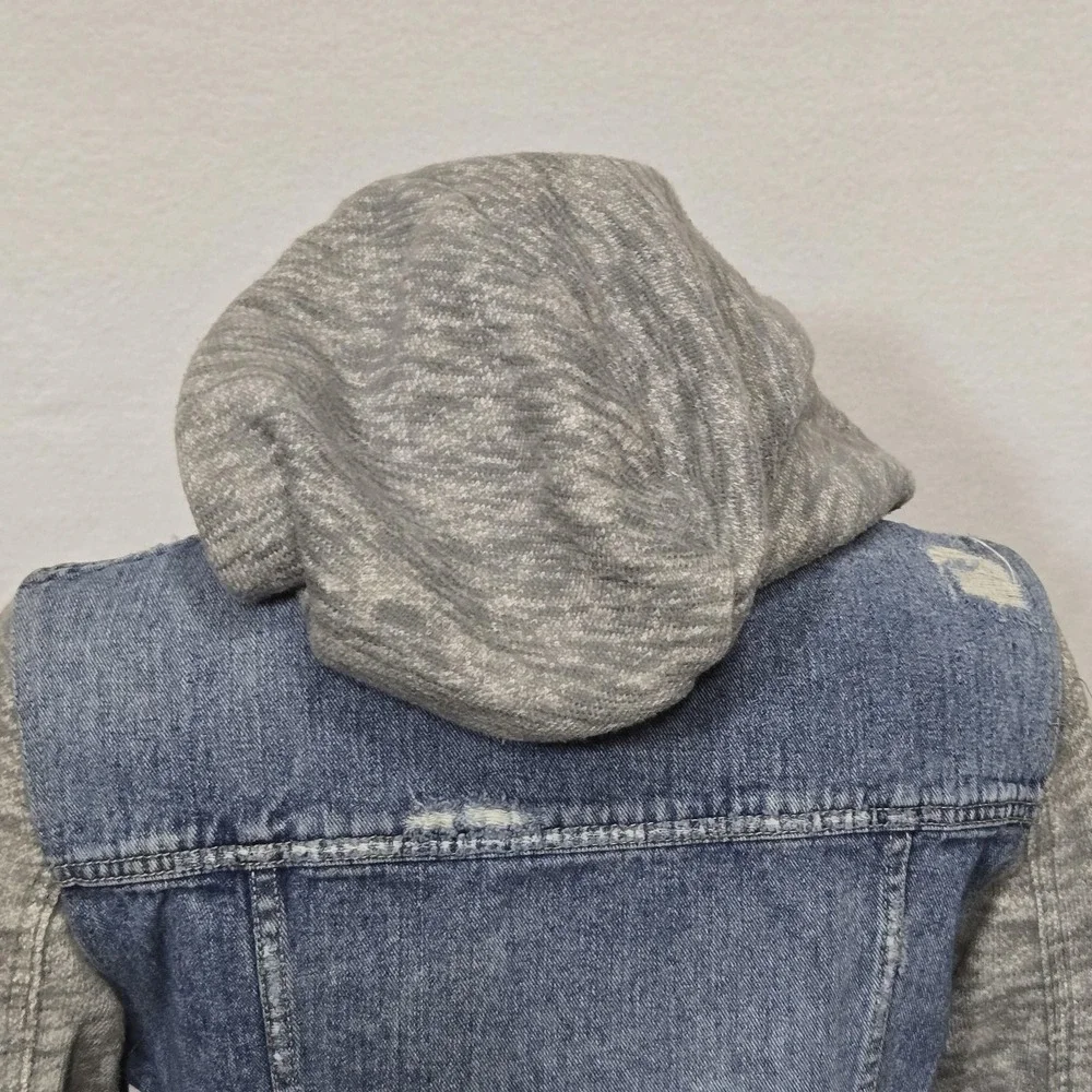 Free People‎ Jacket Womens Small Blue Gray Denim Fleece Hoodie Distressed Casual - Picture 8 of 16